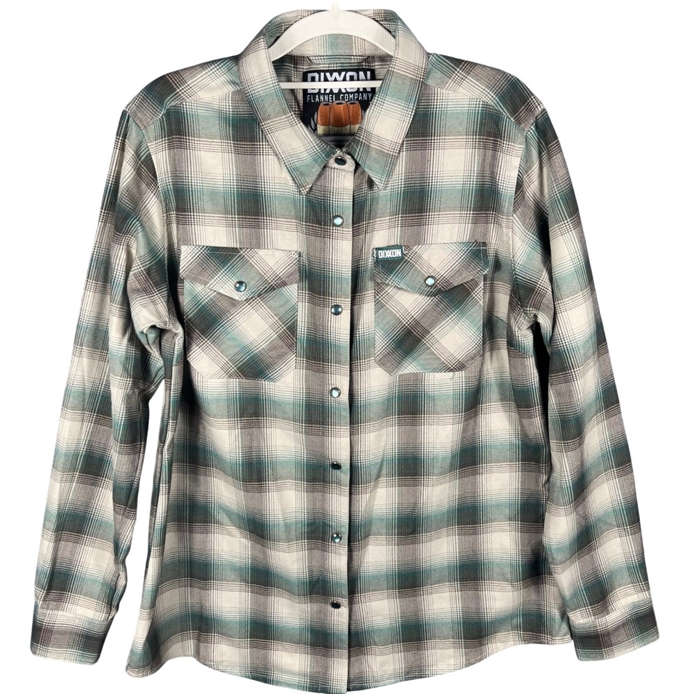 Dixxon Flannel Co Hollow Point Shirt Womens Large Teal Plaid D-Tech Snap Button